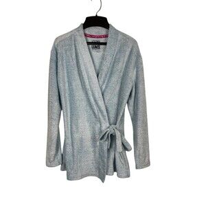 Muk Luks Women’s S Wrap Tie Front Cardigan Sweater Blue Shaggy Fuzzy Cozy Comfy